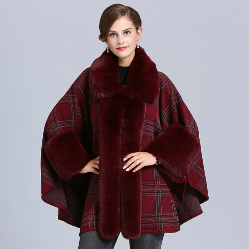 european and american new large size loose faux fur collar plaid knitted cardigan shawl cape coat female