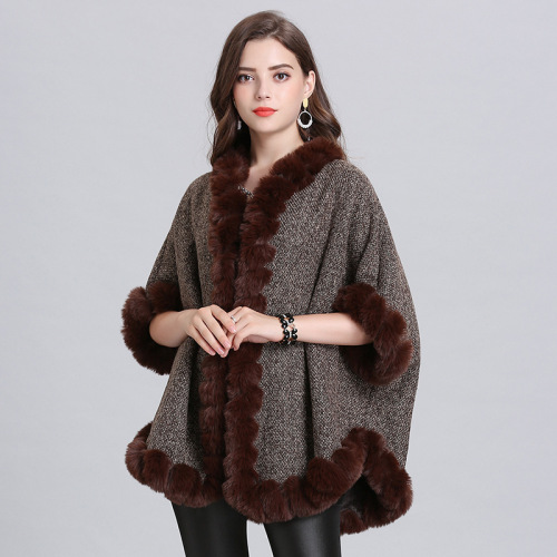 european and american new loose faux fox fur collar fleece knitted cardigan shawl for women cape shawl