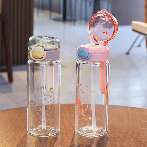 fresh fashion glass drinking cup female creative cup with straw cartoon printed borosilicate student cup one-piece delivery