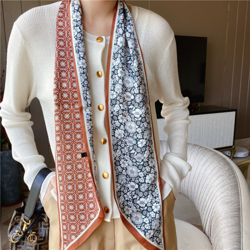 Silk Scarf Women‘s Fashion New Spring and Autumn French Suit Long Retro Double-Sided Letter Tie Hair Wide Hair Band small Scarf 