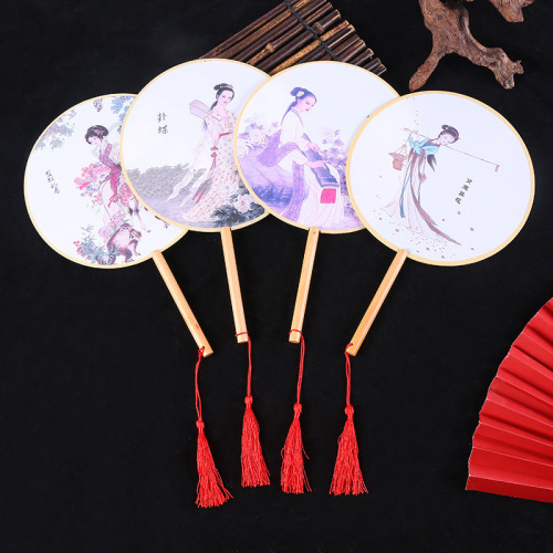 Chinese Ancient Style Fan Beech Handle Tassel Circular Fan Small round Fan Ancient Chinese Clothing Dance Fan Classical Printing Court Fan