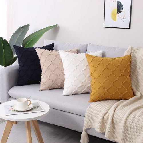 Amazon Hot Sale Ins Bohemian Style Solid Color Cotton Linen Cut Flower Tassel Plaid Pillow Cover Sofa Cushion Cover
