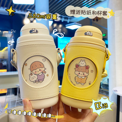 children‘s thermos cup female 316 stainless steel water cup cute baby bouncing straw cup large capacity student kettle