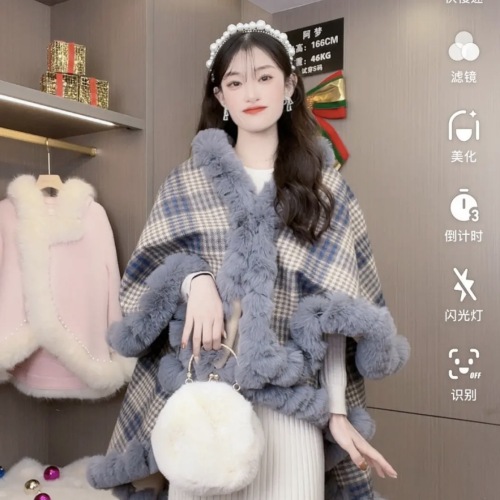 autumn and winter its temperament retro plaid knitted double-layer wear wool outer wear women‘s cape shawl 0889#
