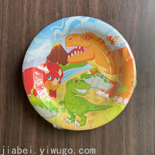 disposable paper tray white cardboard plate three dinosaurs printing 7-inch round paper plate diy handmade party 7-inch disc