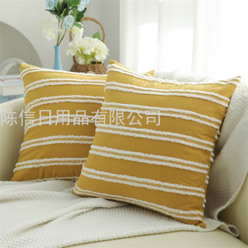 cotton and linen embroidered pillow cover bedroom sofa living room waist pillow back pillow cover striped cut flower jacquard cushion