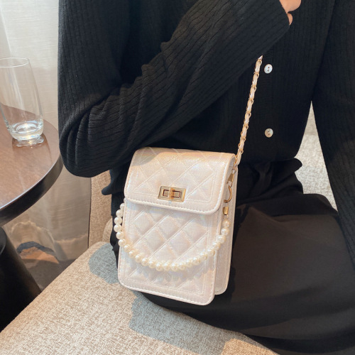 Rhombic Chain Bag Mobile Phone Bag Fashion Casual Pearl Messenger Bag Shoulder Bag Small Bag 