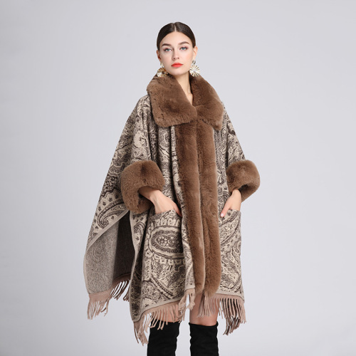 european and american autumn and winter new imitation rex rabbit fur collar shawl cloak jacquard loose tassel large size woolen coat women