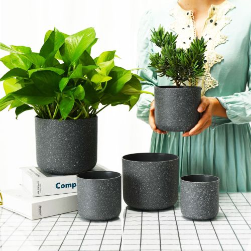 Nordic Simple Imitation Marble Cylindrical Multi-Size Plastic Flower Pot Can Be Equipped with Basin Holder Indoor Desktop Gardening Basin Set 