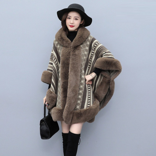 European and American Autumn and Winter New Loose plus Size Jacquard Imitation Rex Rabbit Fur Collar Shawl Cape Woolen Coat Women