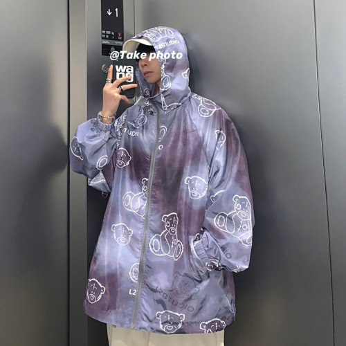 sun protection clothing bear printed men‘s coat summer ultra-thin breathable korean style fashionable all-match loose tie-dye jacket