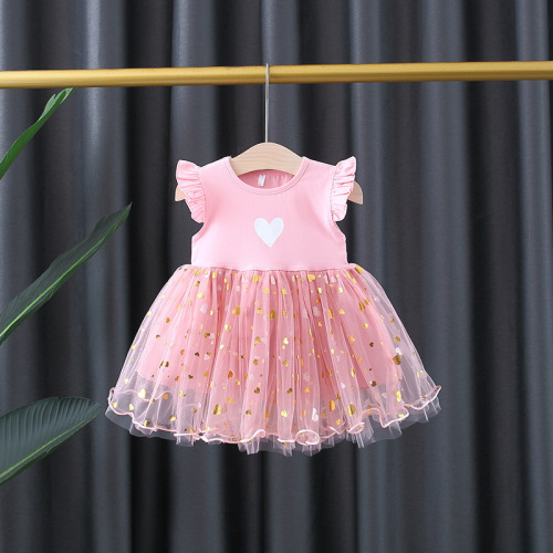 Girls‘ Dress 2022 New Western Style Children‘s Summer Princess Dress Little Girl Pink Mesh Lace Dress Summer Dress
