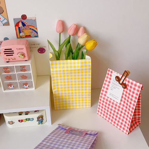 Ins Korean Style Colorful Plaid Kraft Paper Bag Gift Packaging Small Gift Paper Bag Cute Storage Bag tide