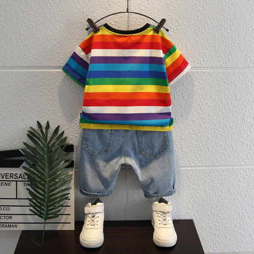 boy summer wear suit thin 2022 new fashionable baby children [wholesale] rainbow short sleeve two-piece set