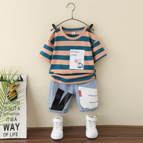 Boys Summer Short Sleeve Suit 2022 New Boy Baby Clothes [Striped] Children‘s Two-Piece Set Wholesale Beautiful 