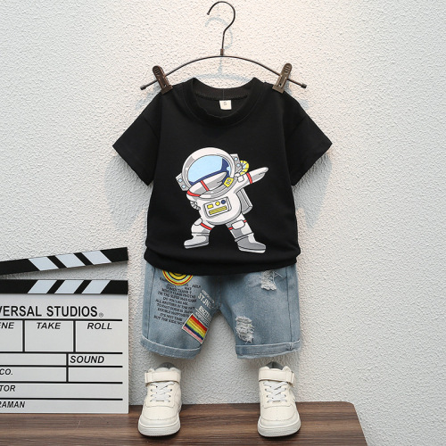 Baby Boy‘s Summer Clothing Suit Baby Children‘s Clothing Spaceman Boy‘s Summer Cartoon round Neck Short Sleeve Shorts Two-Piece Set Beautiful 