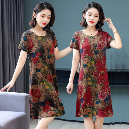 Middle-Aged and Elderly Summer Dress Women‘s Retro Mid-Length Large Size Loose Slimming Dress Mother Dress Women