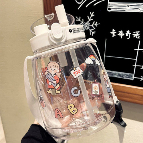 large capacity plastic water cup internet celebrity pudding student big belly cup children cute portable cartoon double drinking straw cup