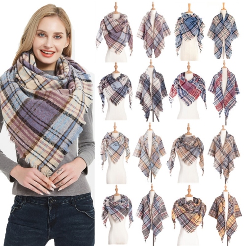 european and american autumn and winter new circle yarn bristle color plaid square scarf triangle scarf women‘s scarf shawl