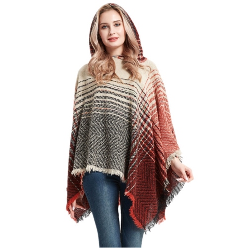 spring， autumn and winter new polyester bristle herringbone gradient hooded cloak women‘s pullover shawl