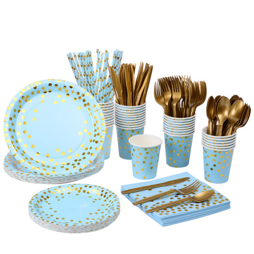 yao sheng paper tableware blue background bronzing dot set series party disposable dish paper cup paper towel knife， fork and spoon