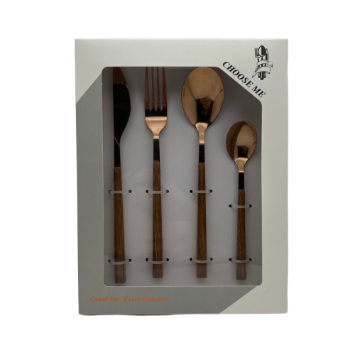 [huilin] stainless steel tableware korean style clip imitation wooden handle western dinner set steak rose gold knife fork spoon