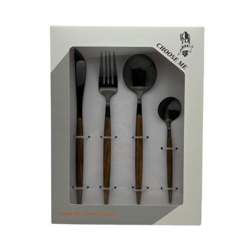 [huilin] stainless steel portuguese clip imitation wooden handle tableware suit steak knife， fork and spoon gift box 4-piece set
