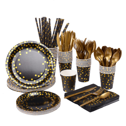 Yaosheng Paper Tableware Black Bottom Bronzing Dotted Suit Series Party Disposable Dish Paper Cup Tissue Knife， Fork and Spoon