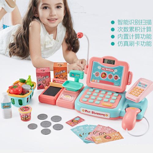 Children‘s Smart Cashier Play House Toy Simulation Supermarket with Shopping Basket Girl Cash Register Combination Set
