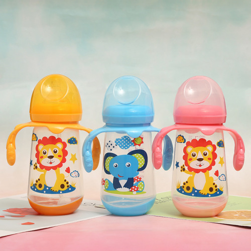 foreign trade wide caliber baby bottle with handle drop-resistant anti-flatulence cartoon pattern baby bottle factory wholesale