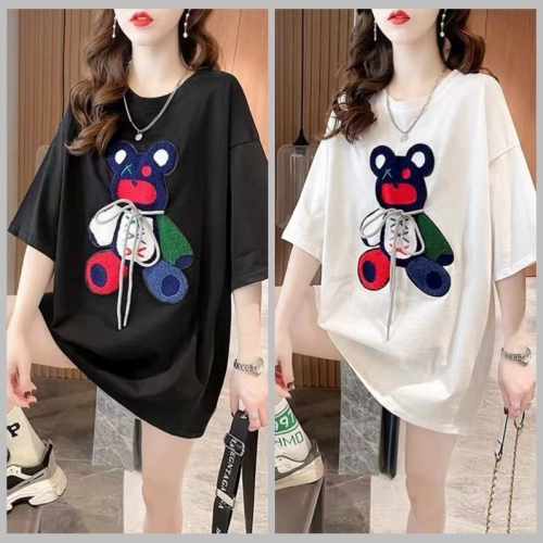 2022 Summer Fashion Brand Women‘s round Neck Flocking Short Sleeve Loose Leisure Embroidery Printed T-shirt Stall Supply