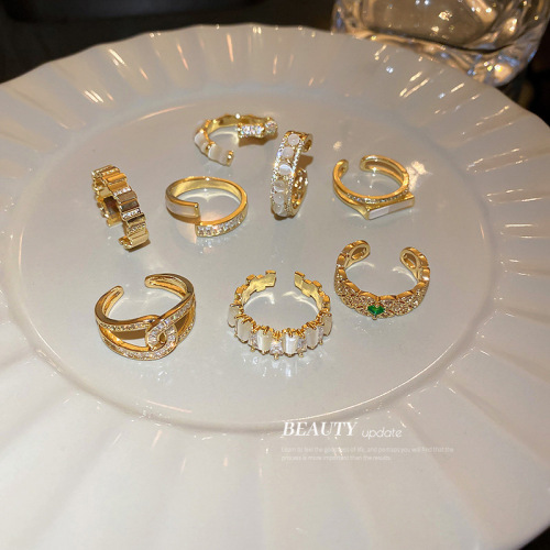 gold plating korean zircon opal geometric opening ring ins design light luxury fashion ring bracelet