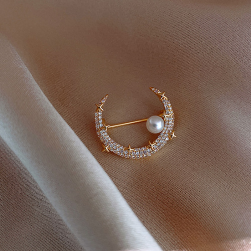 south korea dongdaemun fashion design flash diamond moon pearl brooch fashion temperament online celebrity personalized clothes accessories