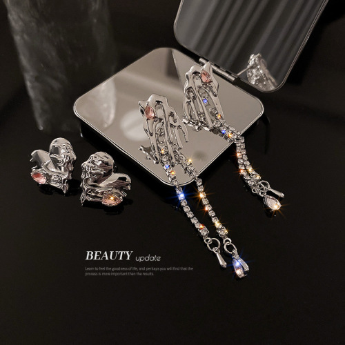 25 Silver Needle Diamond-Embedded Geometric Irregular Tassel Earrings Korean Ins Style Love Heart Stud Earrings Sex Cold Wind Earrings 