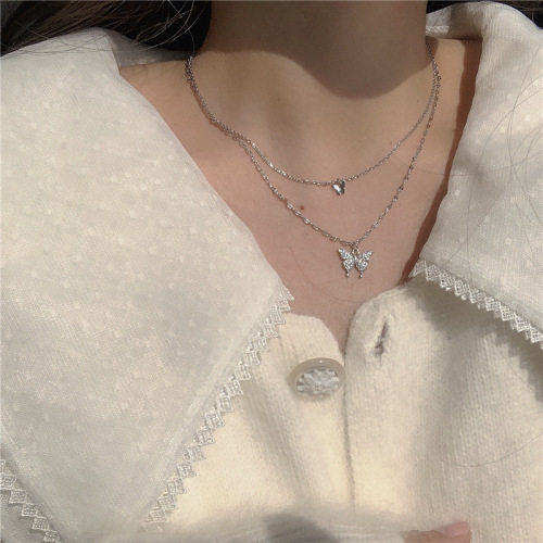 Korean Dongdaemun Fashion Simple Personality Necklace Diamond Butterfly Double-Layer Necklace Online Celebrity Temperament Design Sense Necklace 