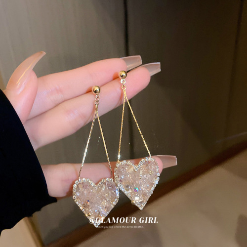 Real Gold Plated Silver Needle diamond Crystal Love Earrings Korean Beautiful Chanel Style Long Earrings Temperament Earrings Female