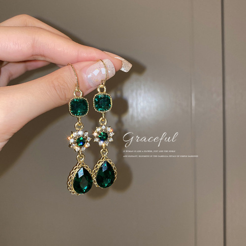 Korean Long Rhinestone-Encrusted Emerald Ear Hook Earrings Water Drop Flower Zircon Vintage Earrings Temperament Entry Lux Earrings for Women