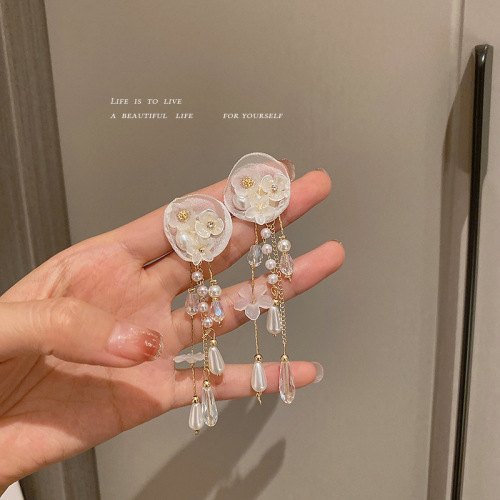 925 silver needle organza fabric crystal flower earrings korean long tassel super fairy earrings fashion earrings for women