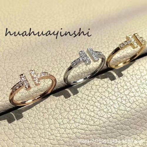 Internet Popular Brand 18K Rose Gold Double T Full Diamond Ring Women‘s Gold Plated Diamond Ring Fashion Popular Open Ring