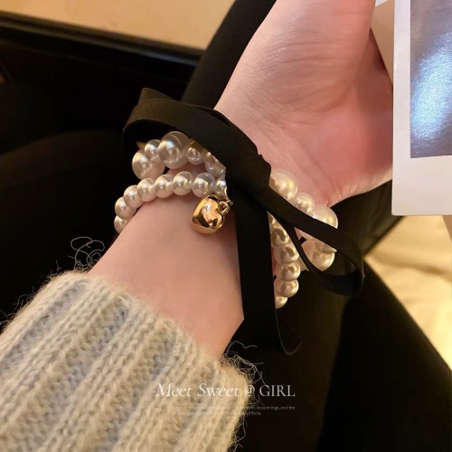 love bow double pearl hair rope south korea dongdaemun fashion retro hair ring personality internet celebrity simple hair accessories