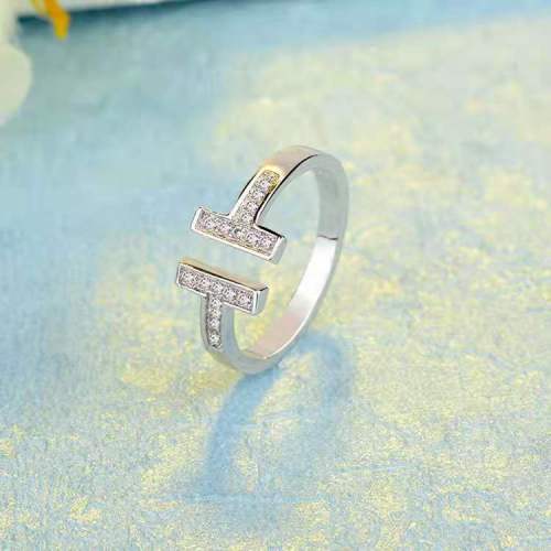 double t open ring micro inlaid zircon real gold color retaining index finger ring simple personality online celebrity ins female