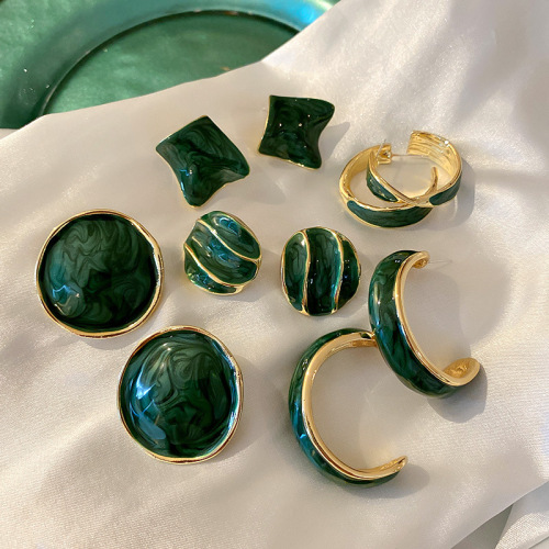 925 Silver Needle Dripping Oil Geometric Colored Glaze Earrings Women‘s Green Metal Exaggerated Sweet Cool Earrings Personality Wild Earrings