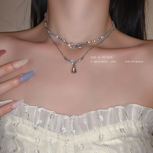 Crystal Diamond-Embedded Love Water Drop Double-Layer Necklace Korean Retro Ins Style Clavicle Chain Trendy Sweet Cool Girl Necklace