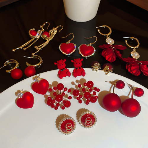 25 Silver Needle South Korea fashion Trend Tassel Earrings Red Series Simple Earrings Autumn and Winter Design Simple Earrings 