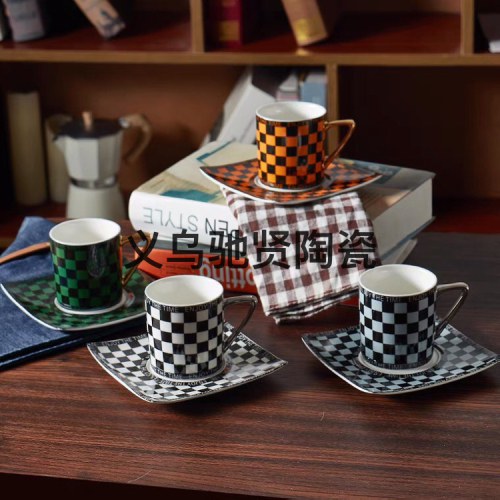 Chessboard Square Ceramic Coffee Cup and Saucer Plaid Flower Tea Cup Tea Set Cup and Saucer Water Cup Three-Color Daily Necessities