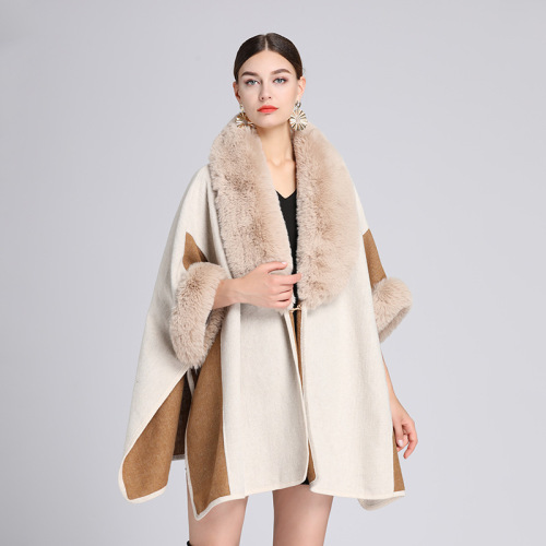 Autumn and Winter New Imitation Rex Rabbit Fur Collar Shawl Cape plus Size Loose Woolen Coat Cardigan for Women