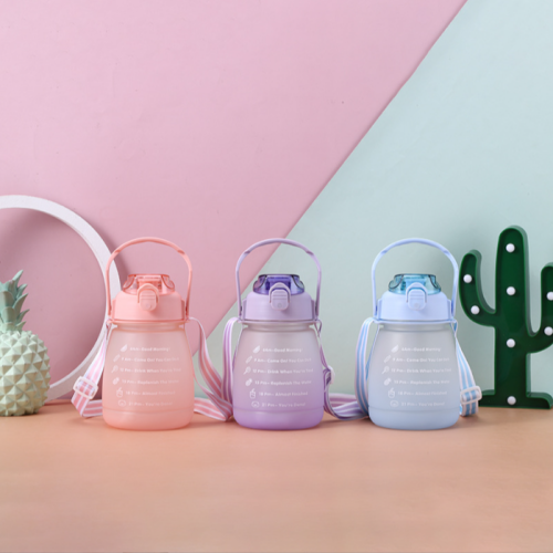 Large Capacity Cup with Straw Portable Shoulder Strap Kettle Frosted Glass Cup Internet Celebrity Plastic Water Cup Big Belly Cup Gradient Color Small Fat Cup