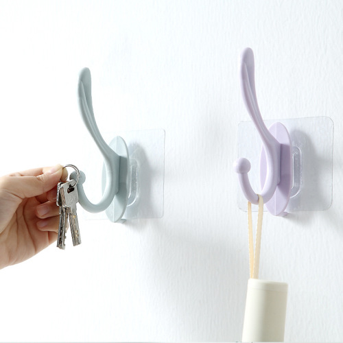 Hook Bathroom Sanitary Nail-Free Clothes Hook Bedroom Punch-Free Double Hook Clothes Rack Wall-Mounted Coat Hook Plastic Sticky Hook