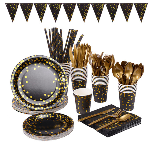 spot cross-border amazon party banquet disposable paper plate cup napkin straw tableware set black gold series