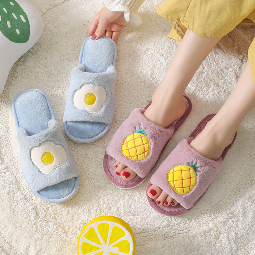 2022 Korean Style New Plush Couple Fruit Cotton Slippers Winter Indoor Warm Furry Autumn and Winter Floor Slippers for Women